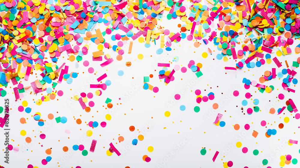 A joyful confetti backdrop with space for your message or branding, offering a vibrant and dynamic visual for your advertisements, announcements, or promotional materials on solid white background,