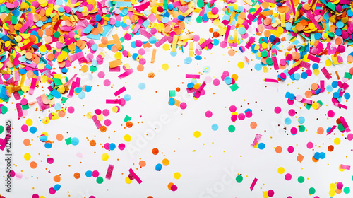 A joyful confetti backdrop with space for your message or branding  offering a vibrant and dynamic visual for your advertisements  announcements  or promotional materials on solid white background 