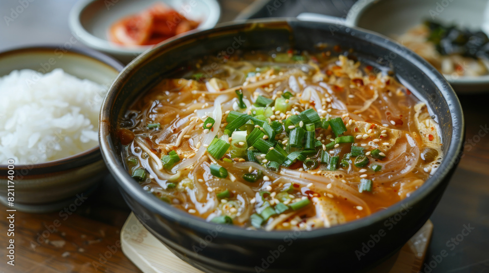 Authentic korean spicy noodle soup served in a bowl with rice and kimchi, perfect for a gastronomic cultural experience