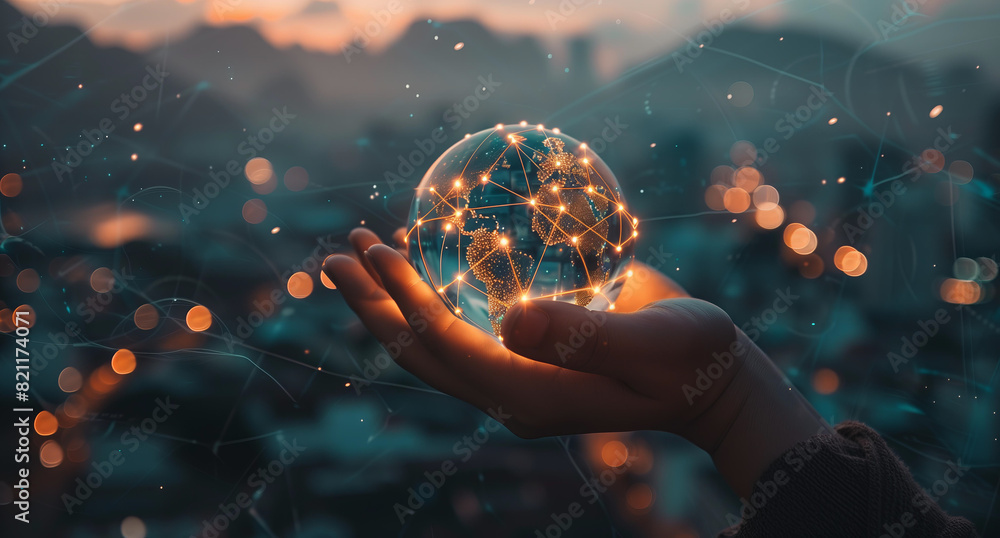 A digital globe surrounded glowing connections, held hands symbolizing ...