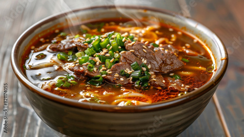 Authentic korean spicy beef soup topped with fresh green onions, served hot in a ceramic bowl photo