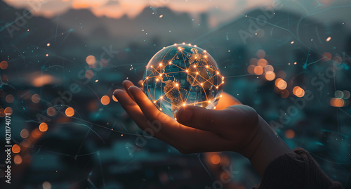 A digital globe surrounded glowing connections, held hands symbolizing global connectivity and the internet's impact on world cultures