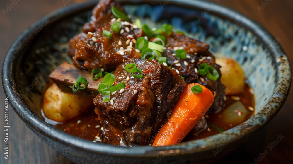 Close-up image of authentic korean braised beef with vegetables, garnished with sesame seeds and green onions on a wooden table Close-up image of authentic korean braised beef with vegetables, garnished with sesame seeds and green onions on a wooden table