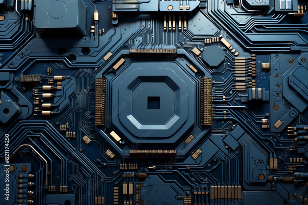 Fototapeta premium Artistic close-up of a functioning nano-scale electronic chip, minimal digital painting, capturing the essence of advanced technology, in blues and greys
