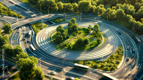Integrated Roundabout with Tram Routes - Graphic of a roundabout through which tram tracks also pass, integrating different forms of transport. photo