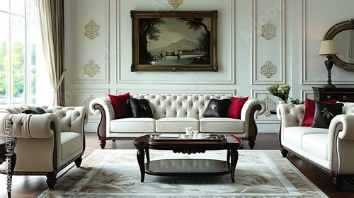Illustrate a sophisticated lounge area featuring opulent sofas, sumptuous carpets, and eye-catching tables, harmonizing classical and modern design elements photo