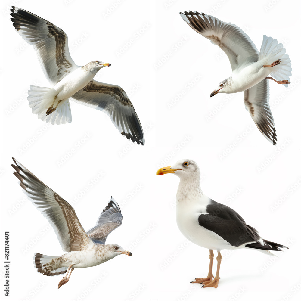 Obraz premium Various seagulls showing detailed poses and movements in high resolution, isolated on white background