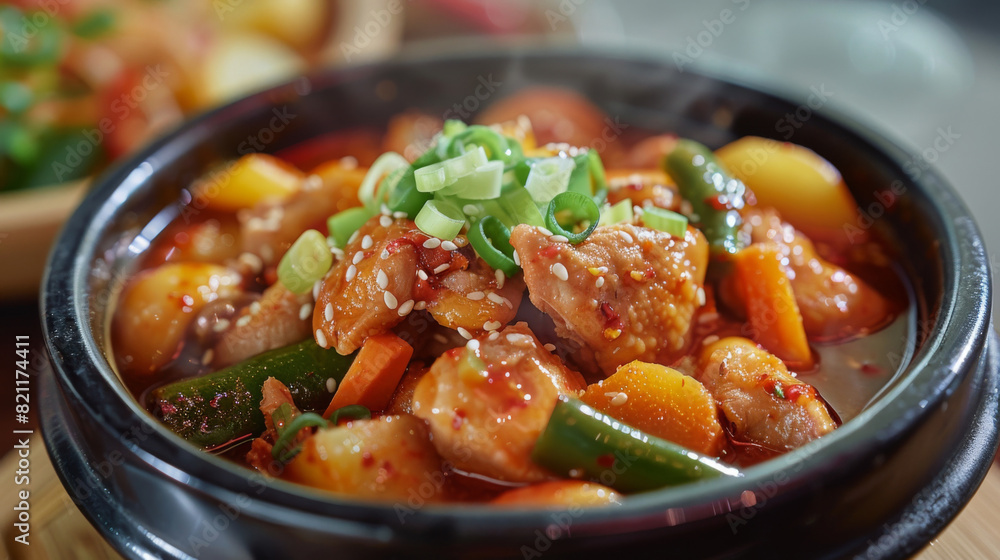 Traditional korean chicken stew with spicy sauce, carrots, potatoes, and zucchini topped with green onions and sesame seeds