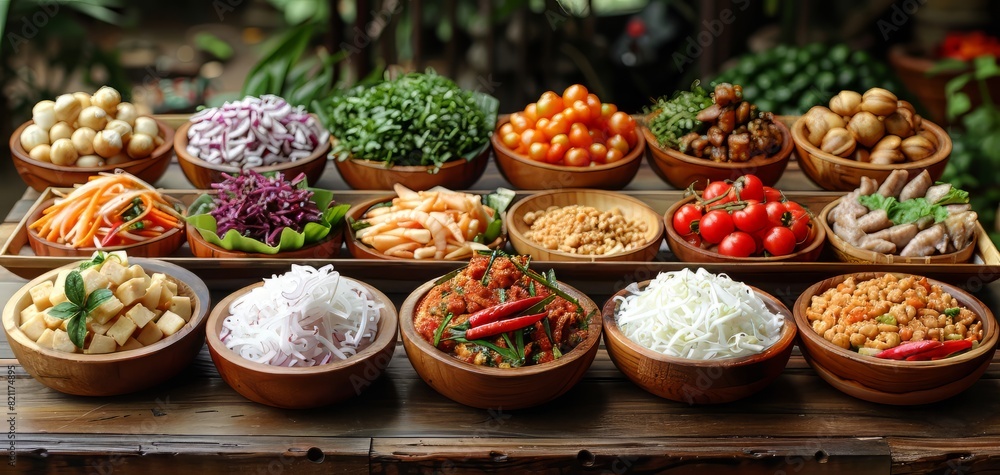 Variety of colorful dishes in wooden bowls on a table. Variety of colorful dishes in wooden bowls on a table.