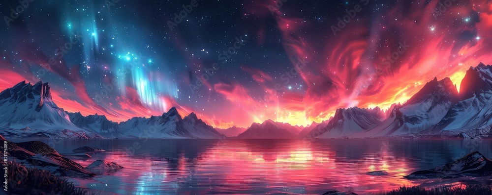 Fjord with northern lights flat design side view aurora night theme water color Analogous Color Scheme Fjord with northern lights flat design side view aurora night theme water color Analogous Color Scheme