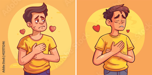 Chest pain cartoon vector scene. Man hands raised infection breathing problems sick lungs prevention healthier respiratory organs heart character, illustration isolated on white background