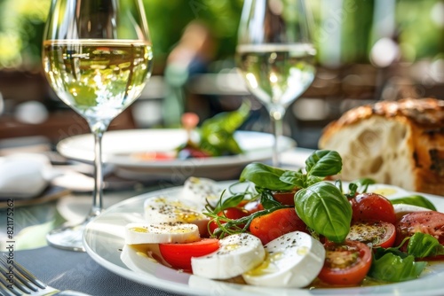 Refreshing Caprese Salad with Wine in an Outdoor Setting