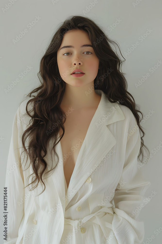 plus size model, beautiful, in minimalism clothes, 25-35 years old, in neutral clothes of white and pastel colors, neutral color pallete, soft lighting, shot on film, fashion magazine has the plus size model, beautiful, in minimalism clothes, 25-35 years old, in neutral clothes of white and pastel colors, neutral color pallete, soft lighting, shot on film, fashion magazine has the
