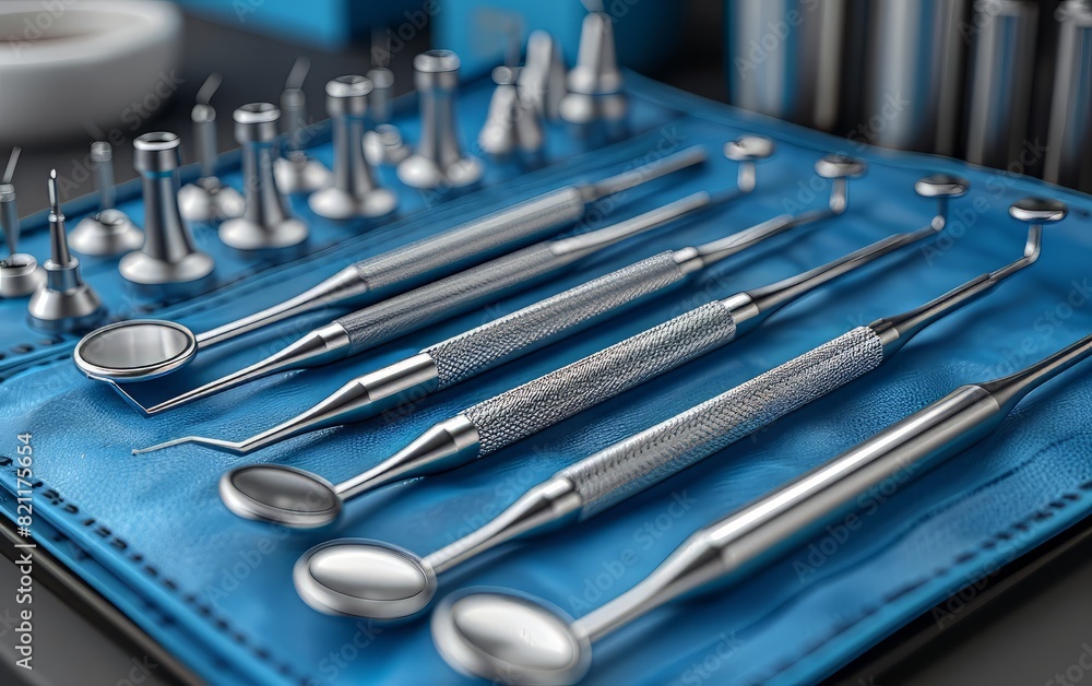 A set of sterilized dental tools arranged on a blue tray. A set of sterilized dental tools arranged on a blue tray.