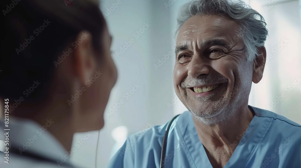 smiling grey-haired man looking at a nurse, with selective focus on his face, capturing the warmth and connection smiling grey-haired man looking at a nurse, with selective focus on his face, capturing the warmth and connection