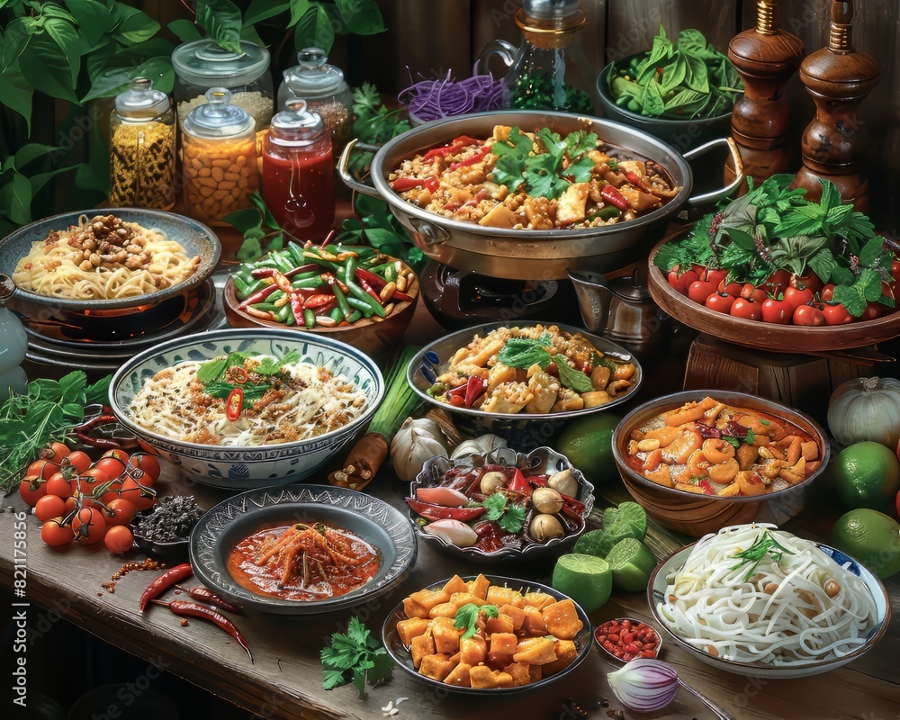 A table overflowing with a delicious variety of Asian dishes, including noodles, rice, and stir-fries, garnished with fresh herbs and vegetables. A table overflowing with a delicious variety of Asian dishes, including noodles, rice, and stir-fries, garnished with fresh herbs and vegetables.