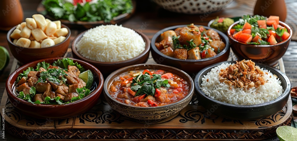 Assortment of flavorful dishes, including rice, stew, and stir-fry, served in rustic bowls. Assortment of flavorful dishes, including rice, stew, and stir-fry, served in rustic bowls.
