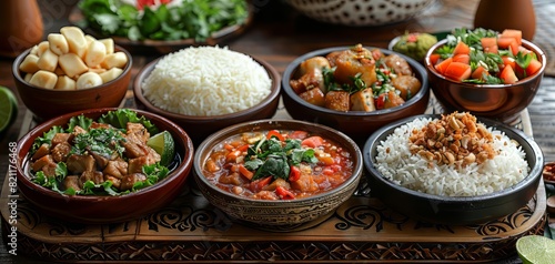 Assortment of flavorful dishes, including rice, stew, and stir-fry, served in rustic bowls.