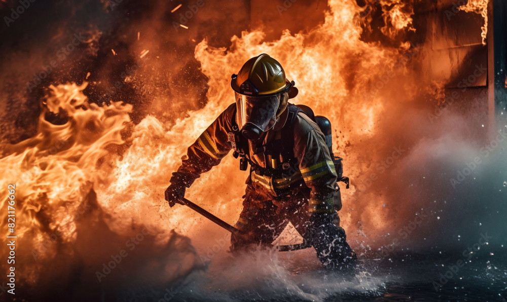 A brave firefighter in protective gear faces the fire. International Firefighters Day concept. A brave firefighter in protective gear faces the fire. International Firefighters Day concept.