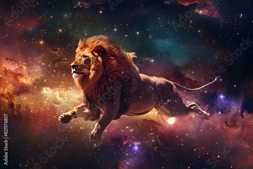 a lion floating in space