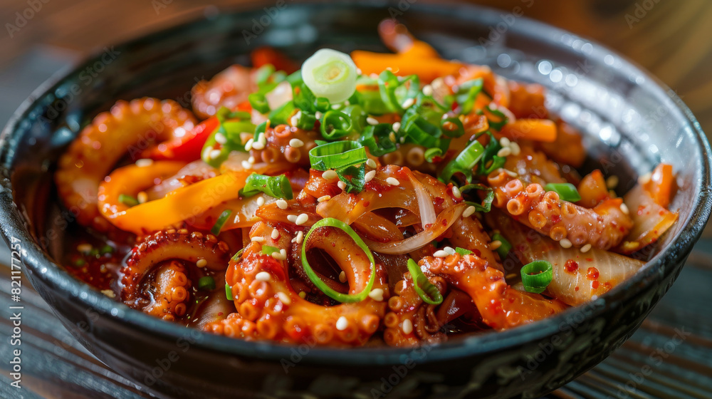 Traditional black bowl serving of spicy korean octopus stir-fry topped with green onions and sesame seeds Traditional black bowl serving of spicy korean octopus stir-fry topped with green onions and sesame seeds