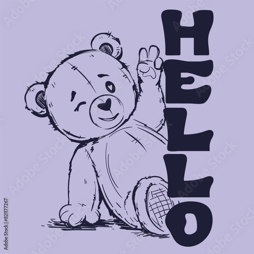 Simple outline illustration funny bear doll smiling and wink. Text Hello in 70s style. Childish hand drawn lines print with bear. Teddy toy cute character