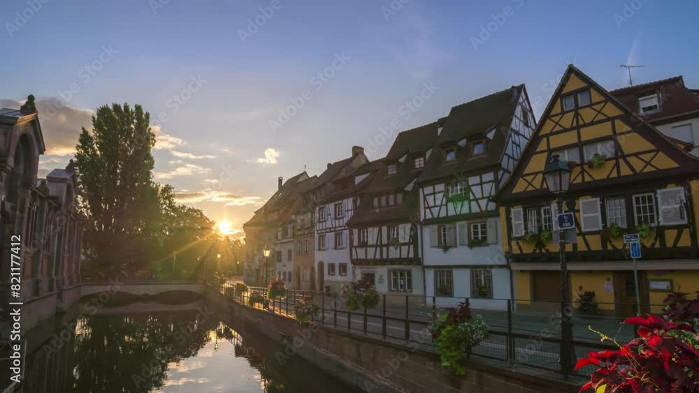 Colmar France time lapse sunrise city skyline of Colorful Half Timber House at Ill River Colmar France time lapse sunrise city skyline of Colorful Half Timber House at Ill River