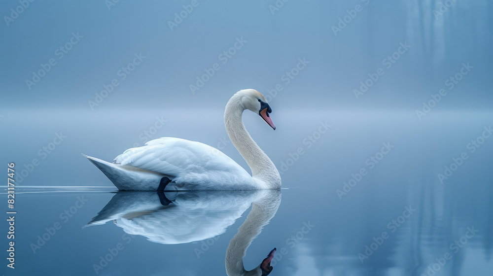Award Winning National Geographic rule of thirds, photograph of a graceful swan gliding on a mirror like lake at dawn, minimalist, plain soft blue background, ultra realistic photo Award Winning National Geographic rule of thirds, photograph of a graceful swan gliding on a mirror like lake at dawn, minimalist, plain soft blue background, ultra realistic photo
