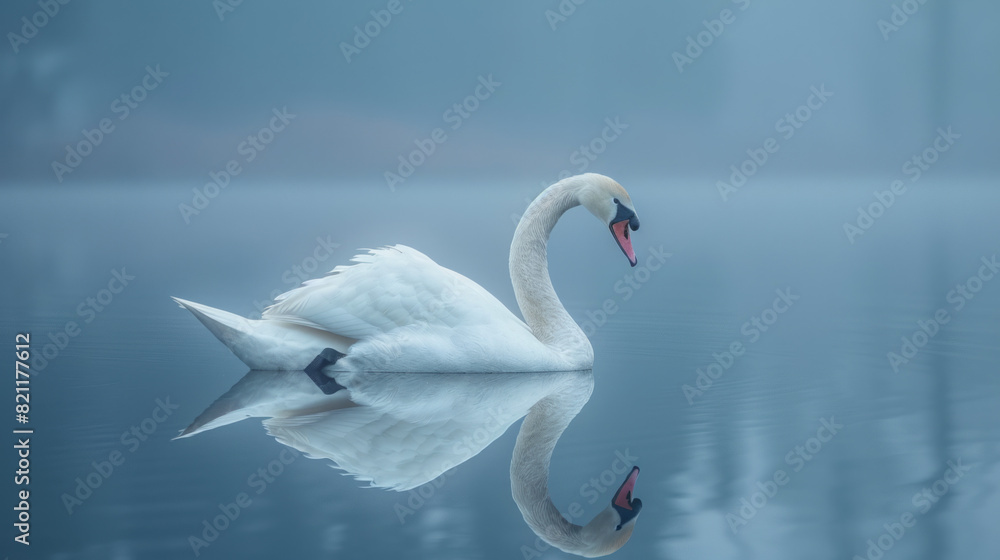Obraz premium Award Winning National Geographic rule of thirds, photograph of a graceful swan gliding on a mirror like lake at dawn, minimalist, plain soft blue background, ultra realistic photo