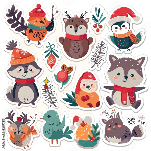 Christmas winter stickers collection for kids  seasonal design  cute animals and elements for scrapbook