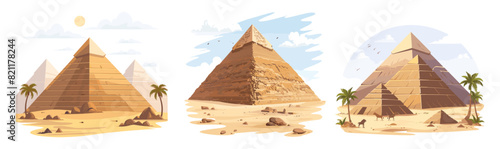 Egyptian pyramids cartoon vector concepts. Ancient palm stone cones trees sky sand desert clouds geological buildings history famous landmarks architecture, illustrations isolated on white background