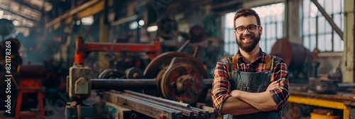 Smiling male factory worker with arms crossed standing confidently in an industrial setting