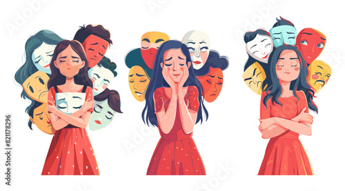 Emotion masks woman cartoon scenes. Angry long hair red clothes pretense suppression rage anger aggression despondency sadness sublingual feelings concealment female character, psychological social