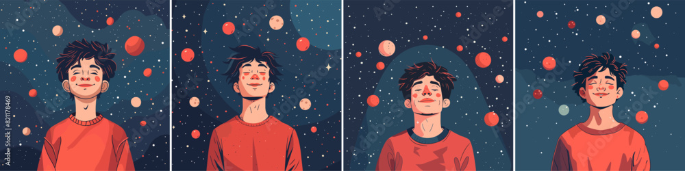 Emotions management cartoon vector concepts. Young guy closed eyes positive smile calm control himself character harmony rule mental state, splendid illustrations Emotions management cartoon vector concepts. Young guy closed eyes positive smile calm control himself character harmony rule mental state, splendid illustrations