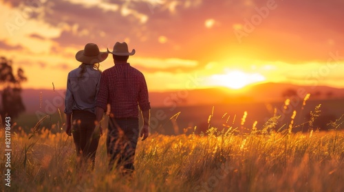 Two people in cowboy hats walking through a field at sunset  AI