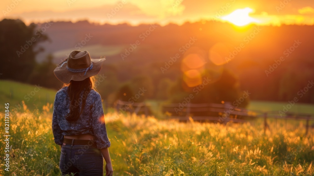 A woman in a hat standing on top of grassy field, AI A woman in a hat standing on top of grassy field, AI