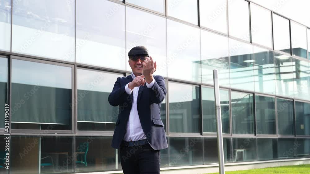 An entrepreneur in a suit joyfully engages with virtual reality glasses while standing in front of a sleek, glass-fronted office building. An entrepreneur in a suit joyfully engages with virtual reality glasses while standing in front of a sleek, glass-fronted office building.