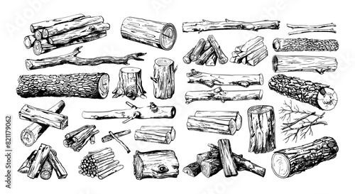 Firewood pile ink sketch vector set. Logs twigs branches brushwood driftwood fire burning wood lumber illustration isolated on white background photo