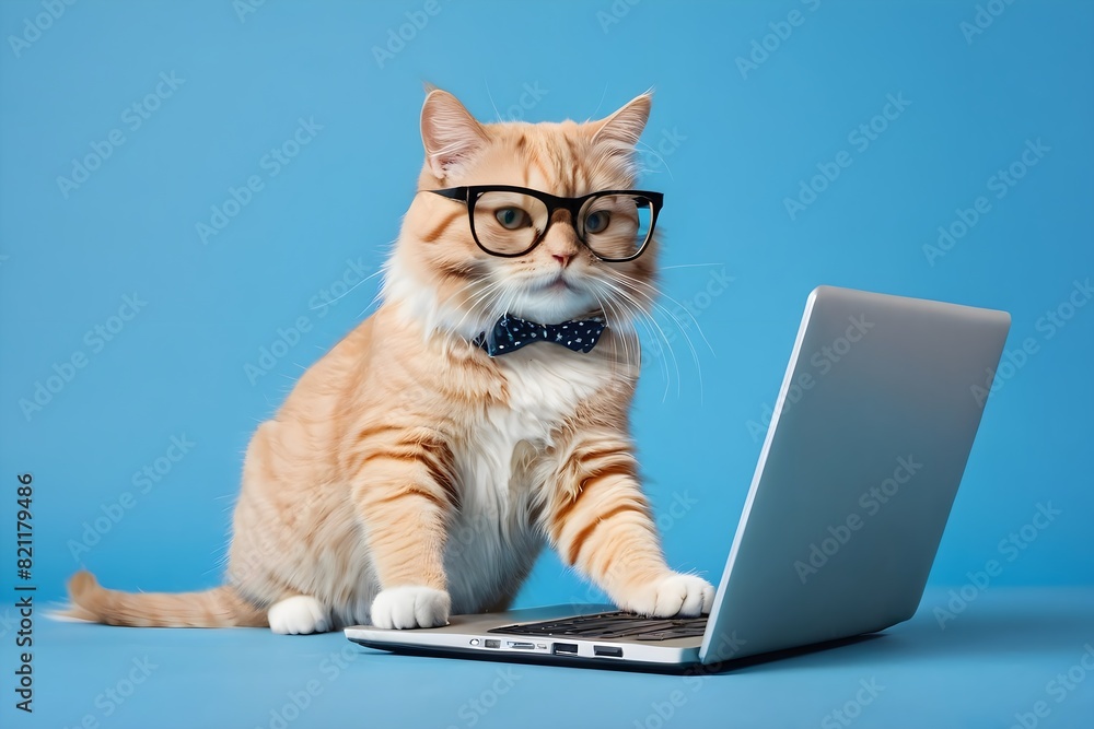 Cat with glasses surfing on Internet, isolated on blue background. Cat and laptop. Cat with glasses surfing on Internet, isolated on blue background. Cat and laptop.