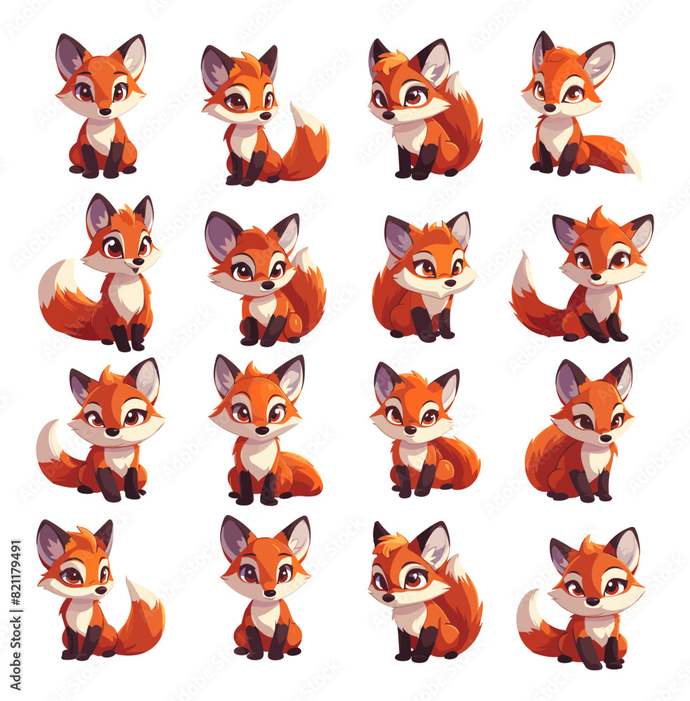 Obraz premium Fox cartoon vector set. Predator cute fluffy tail orange wool forest dweller animal cunning hunter character, illustration isolated on white background