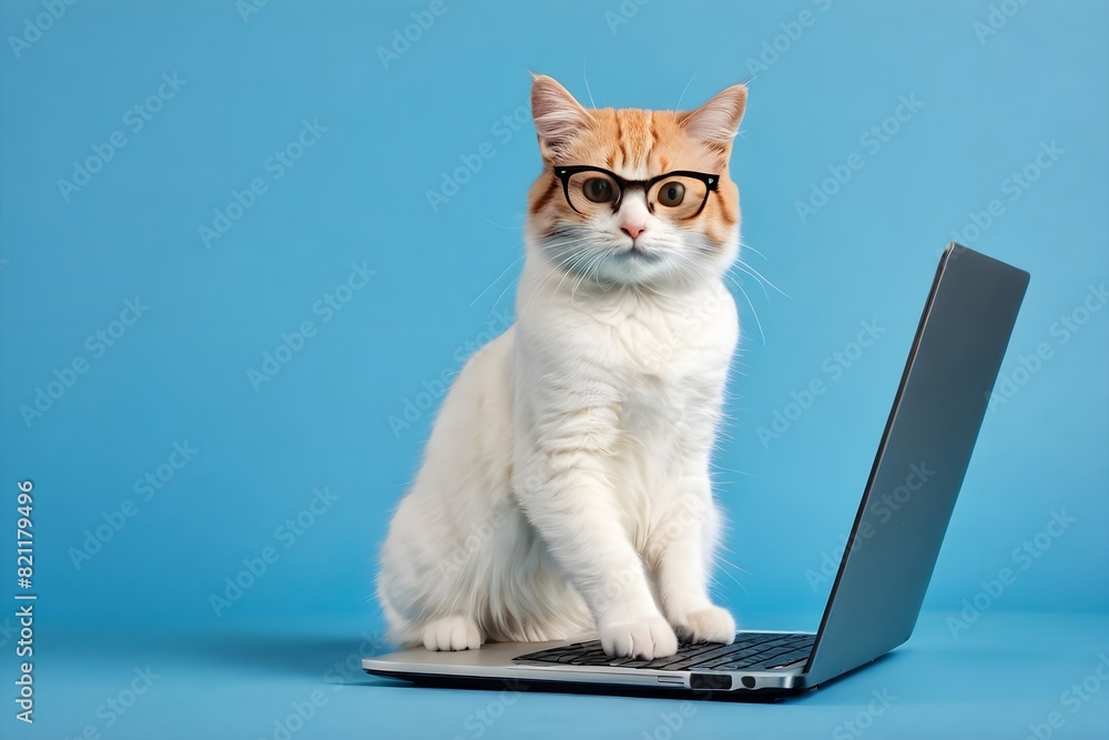 Cat with laptop. Funny cat with glasses standing on laptop keyboard, isolated on blue background. Cat with laptop. Funny cat with glasses standing on laptop keyboard, isolated on blue background.