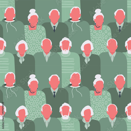 Seamless background with senior people. Silhouettes of different elderly men and elderly women. Pattern with people icons. Crowd. Vector illustration in green