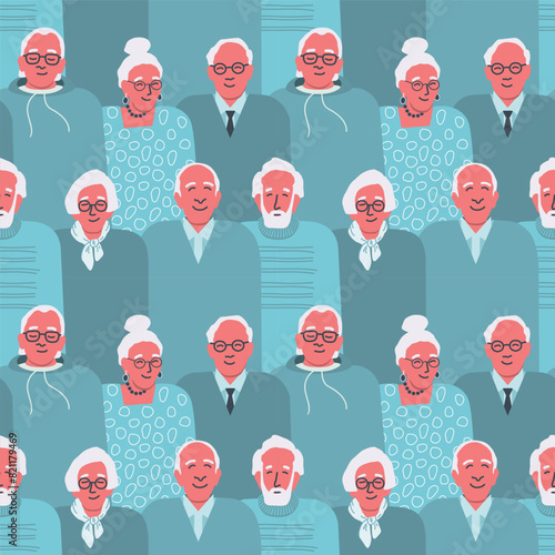 Seamless background with senior people. Silhouettes of different elderly men and elderly women. Pattern with people icons. Crowd. Vector illustration in blue