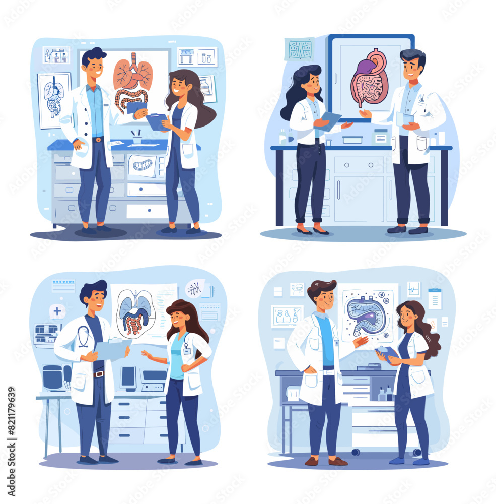 Gastroenterology cartoon vector scenes. Doctors man woman coats patient organs x rays check intestines liver stomach diagnosis making, treatment select laboratory interior specialists characters Gastroenterology cartoon vector scenes. Doctors man woman coats patient organs x rays check intestines liver stomach diagnosis making, treatment select laboratory interior specialists characters