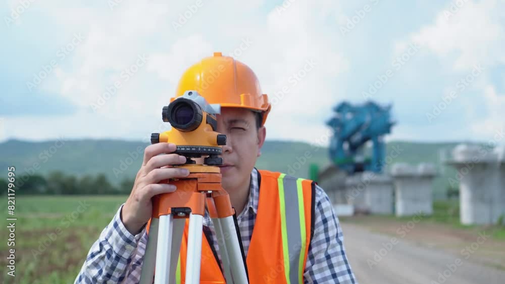 man work with leveling  camera on site construction background. Civil engineer on construction site with survey instrument. Male work with leveling  camera on site construction background.