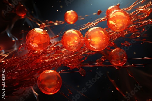 Minimal digital painting of nanoparticles delivering chemotherapy directly to cancer cells, close-up on the release mechanism, in a dramatic red and gold palette