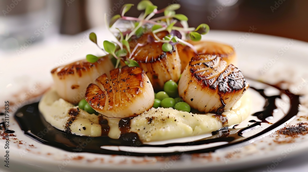 Seared scallops with creamy risotto and balsamic glaze Seared scallops with creamy risotto and balsamic glaze