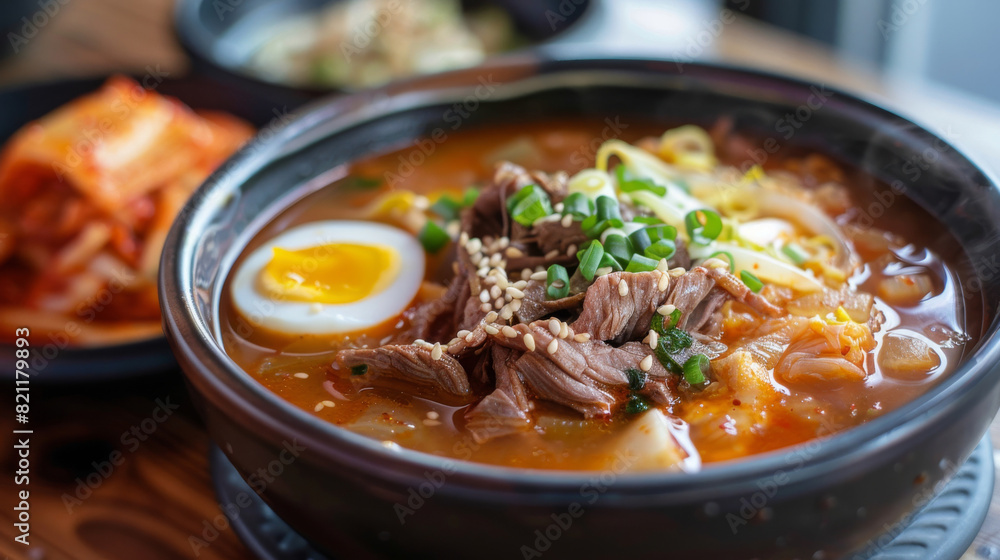 Delicious close-up of korean spicy ramyeon with sliced beef, half a boiled egg, and fresh green onions on top