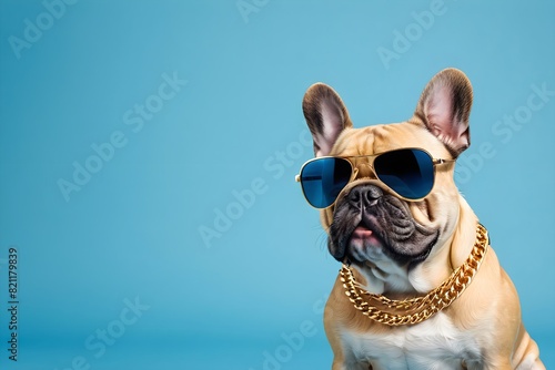 Funny french bulldog wearing sunglasses and gold chain, isolated on blue background with copy space. Perfect background for wealth concept.