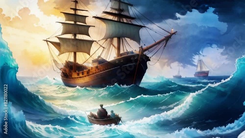 Trouble on the High Seas Distant Hope 4K features an A.I. generated video of an old ship sailing in the ocean during a storm with crashing waves with sunlight starting to peek through the storm. photo